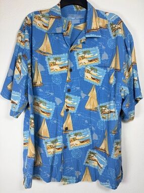 Bermuda Bay 100% Silk Hawaiian Shirt Men's Large Blue Nautical Sailboat Island